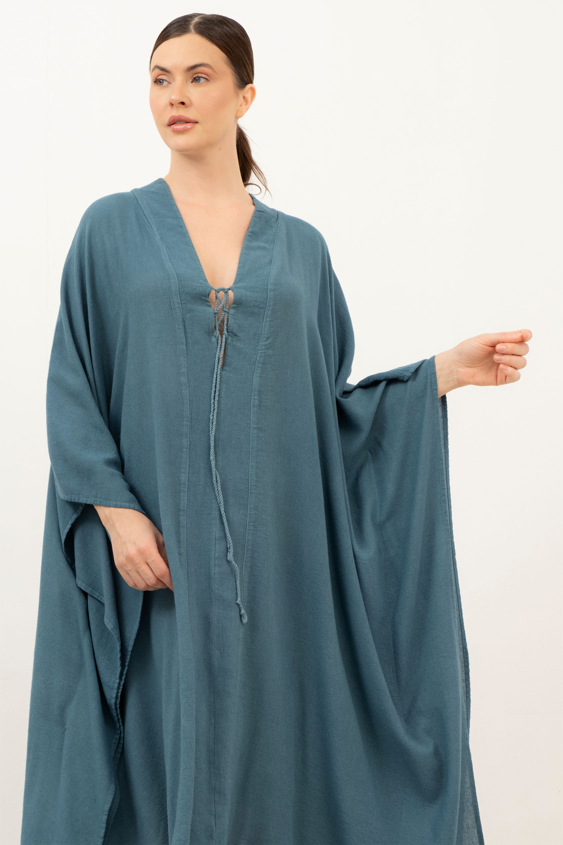 V Yaka Maxi Kaftan Elbise #Renk_ Petrol