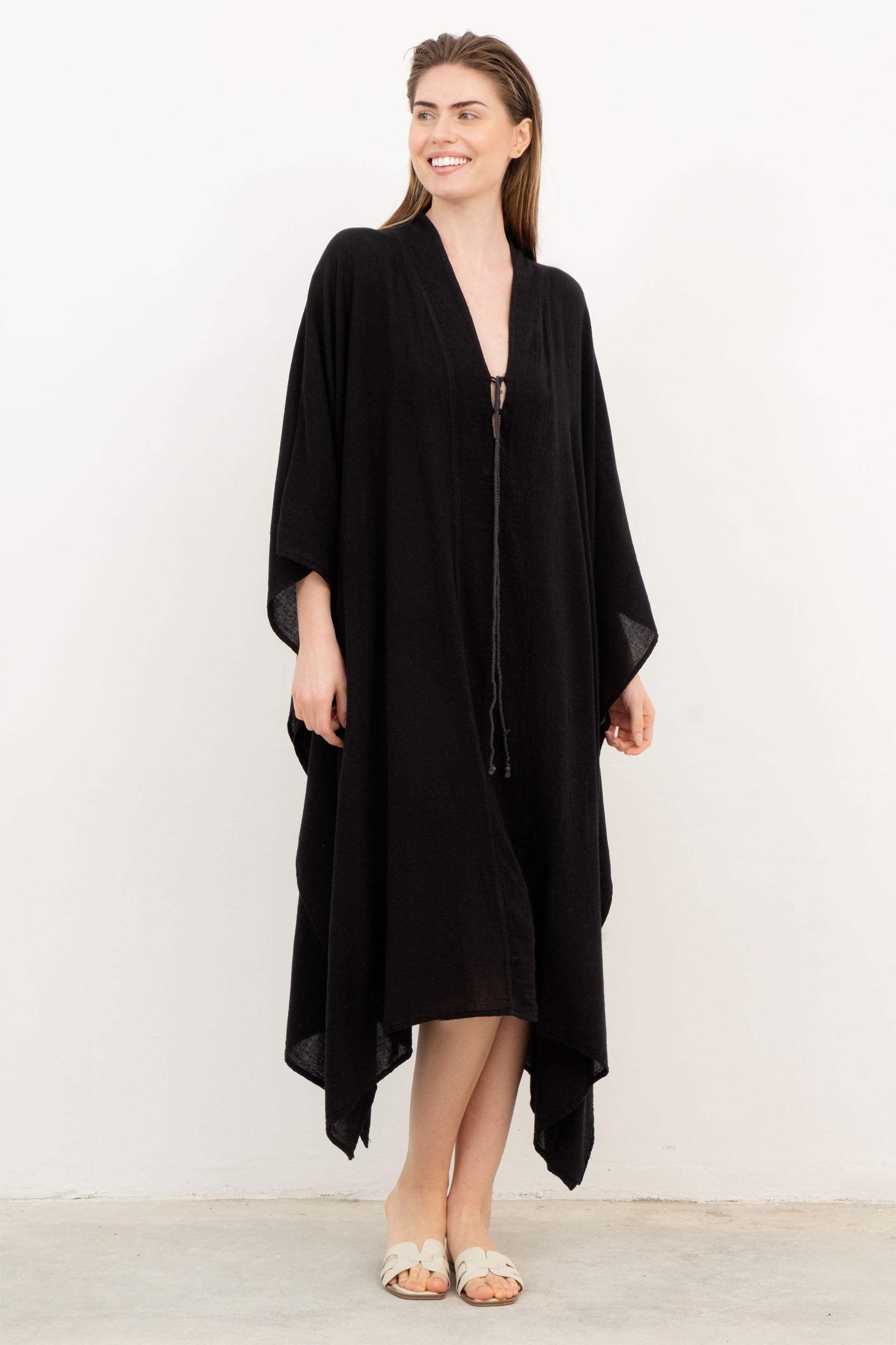 V Yaka Maxi Kaftan Elbise #Renk_ Siyah